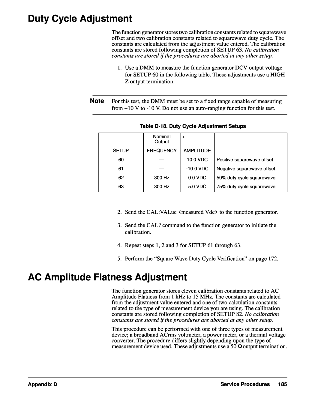 Agilent Technologies E1441A user service Duty Cycle Adjustment, AC Amplitude Flatness Adjustment 