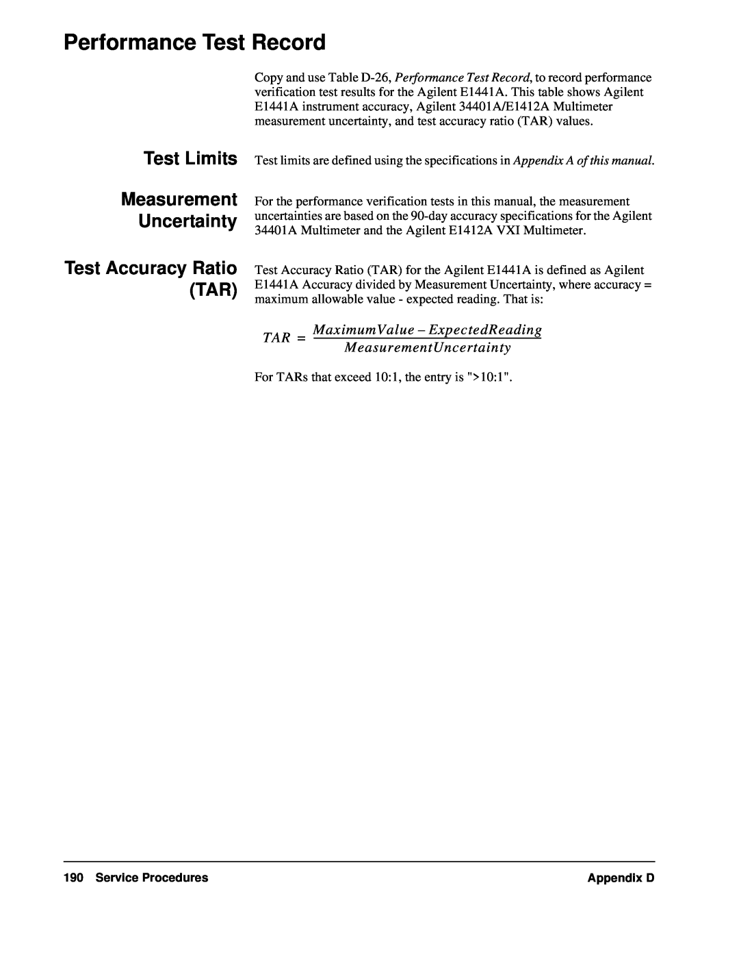 Agilent Technologies E1441A Performance Test Record, Test Limits Measurement Uncertainty, Test Accuracy Ratio TAR, Tar = 