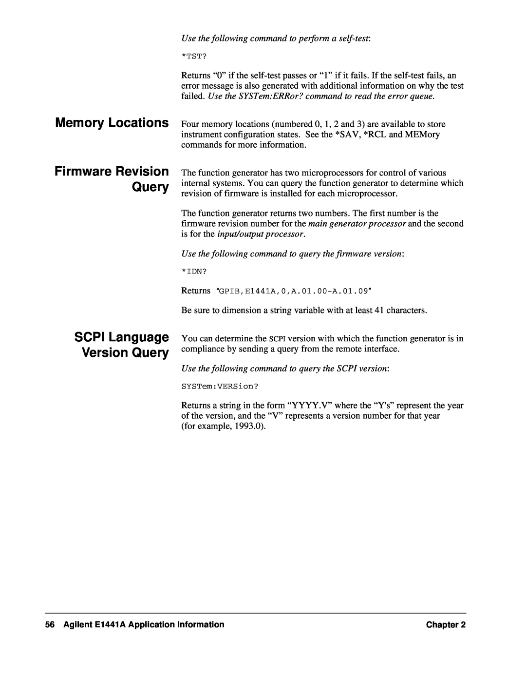 Agilent Technologies E1441A user service Firmware Revision Query, SCPI Language Version Query 