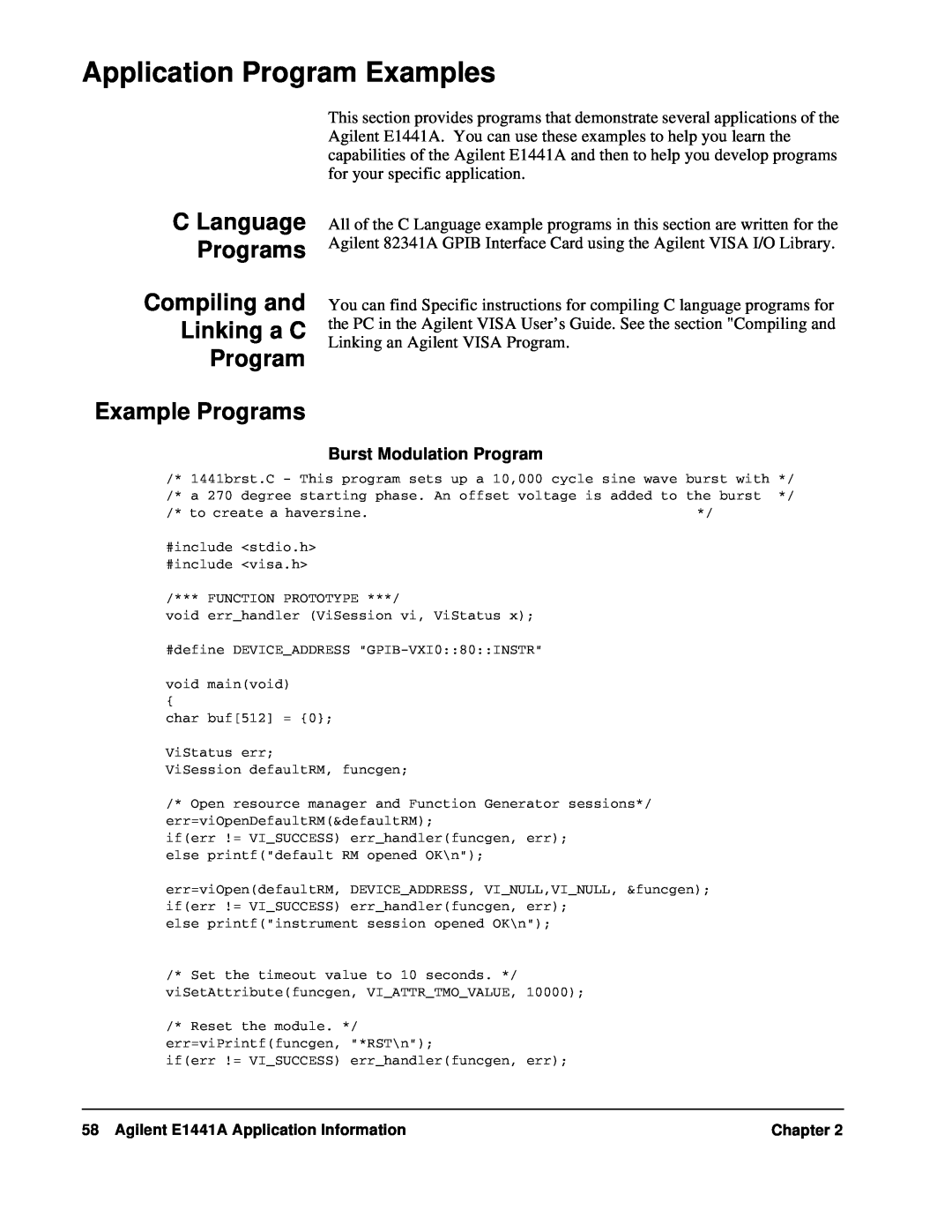 Agilent Technologies E1441A user service Application Program Examples, CLanguage Programs Compiling and Linking a C 