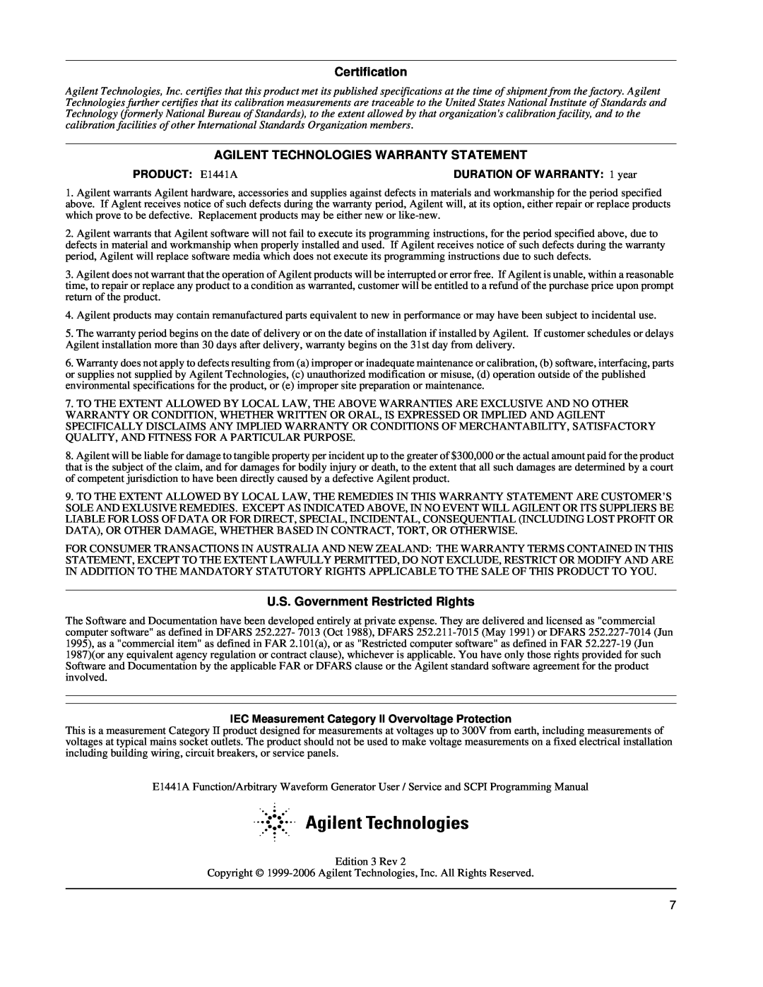 Agilent Technologies E1441A Certification, Agilent Technologies Warranty Statement, U.S. Government Restricted Rights 
