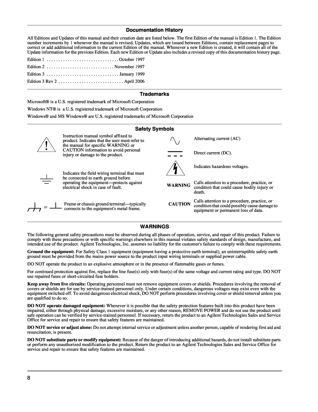 Agilent Technologies E1441A user service Documentation History, Trademarks, Safety Symbols, Warnings 