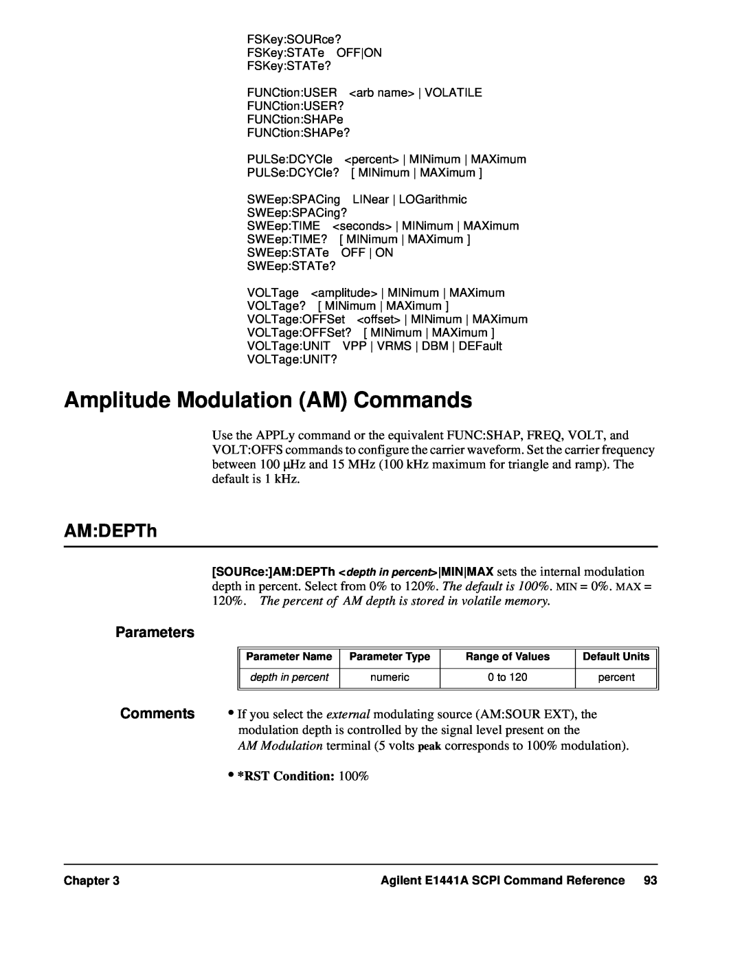 Agilent Technologies E1441A user service Amplitude Modulation AM Commands, AM:DEPTh, Parameters, •*RST Condition: 100% 