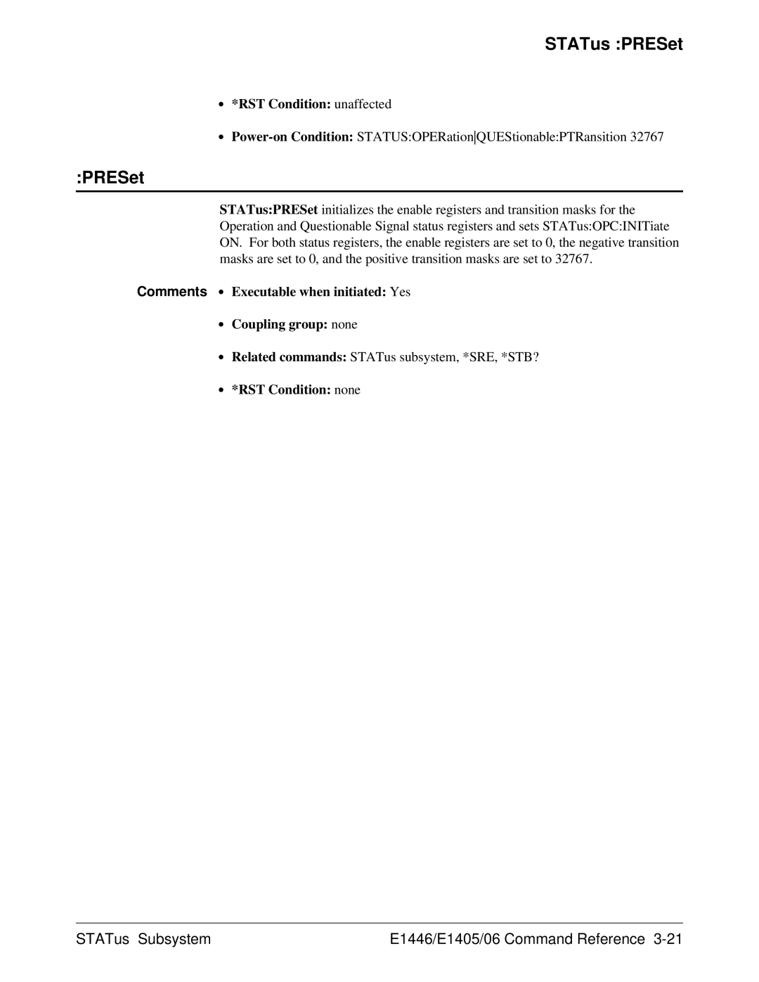 Agilent Technologies E1446A user manual STATus PRESet 