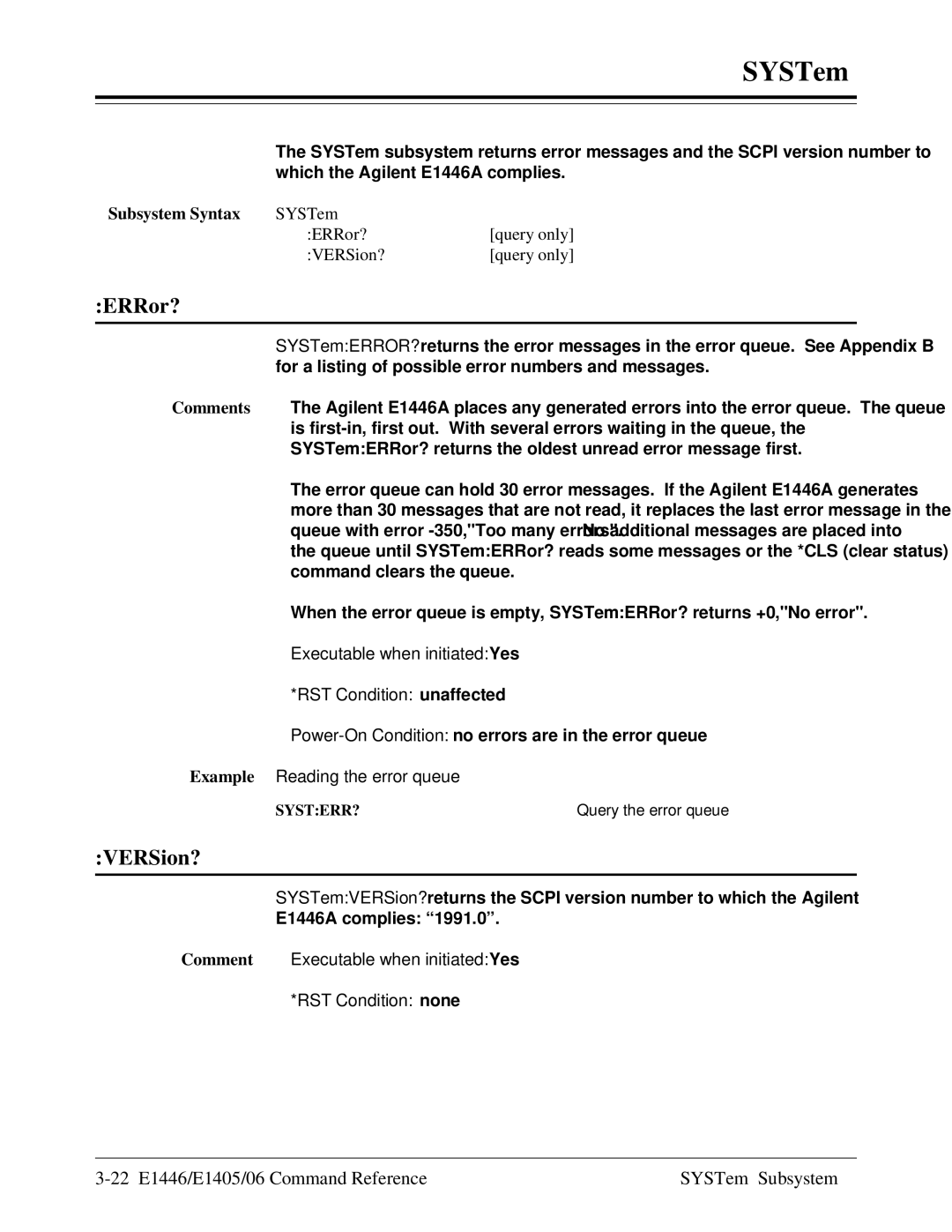 Agilent Technologies E1446A user manual 22 E1446/E1405/06 Command Reference SYSTem Subsystem 