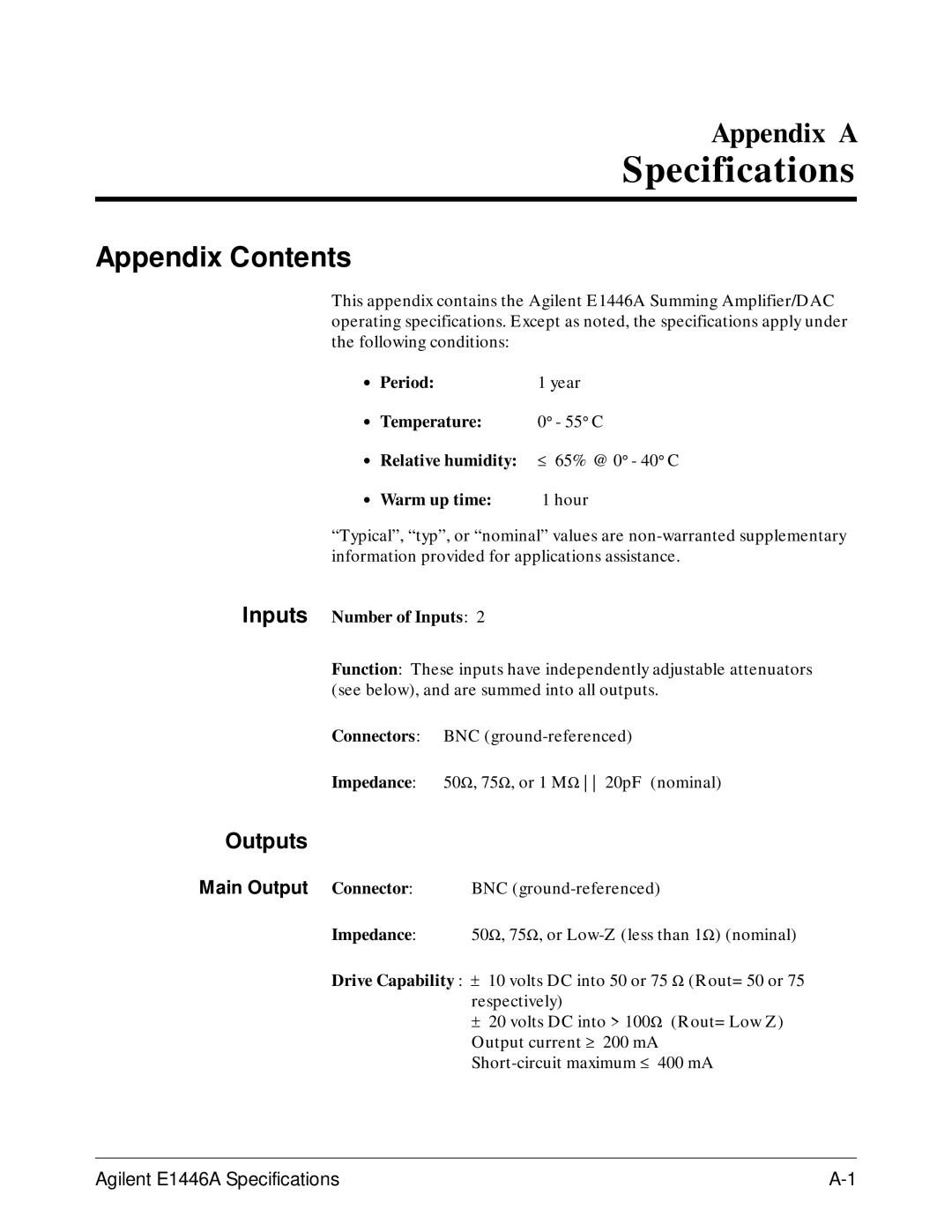 Agilent Technologies E1446A user manual Specifications, Appendix Contents 