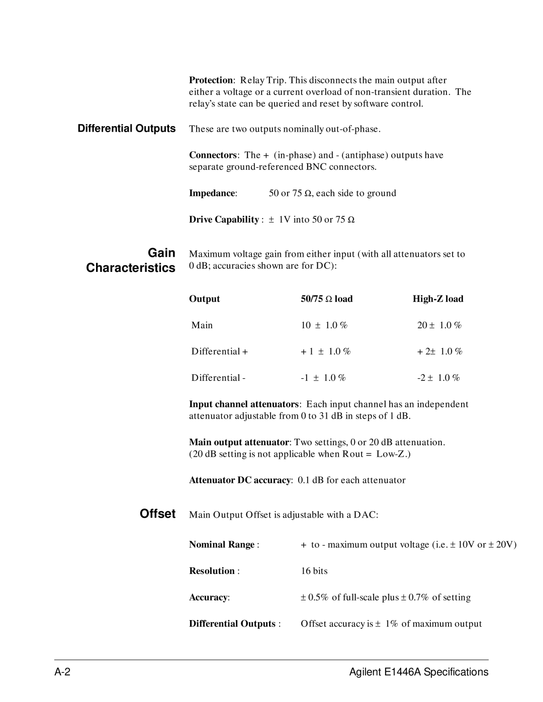 Agilent Technologies E1446A user manual Gain Characteristics, Output 50/75 Ω load High-Z load 