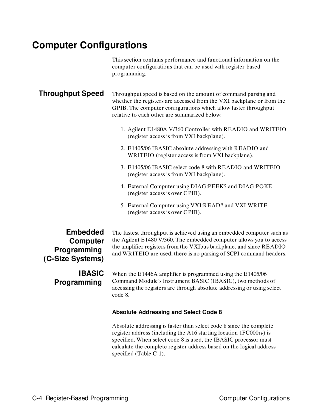 Agilent Technologies E1446A Register-Based Programming Computer Configurations, Absolute Addressing and Select Code 