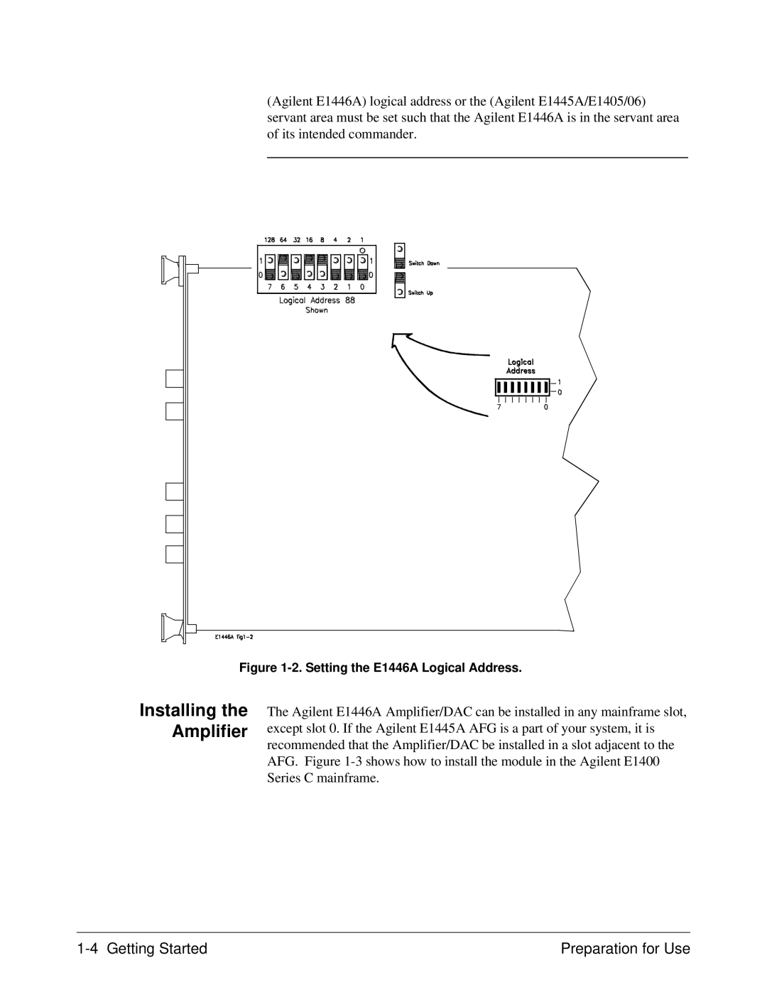 Agilent Technologies E1446A user manual Installing the Amplifier, Getting Started Preparation for Use 