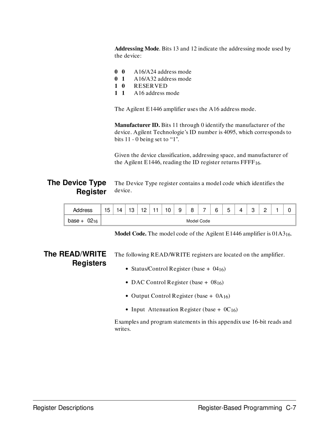 Agilent Technologies E1446A user manual Device Type Register, READ/WRITE Registers 