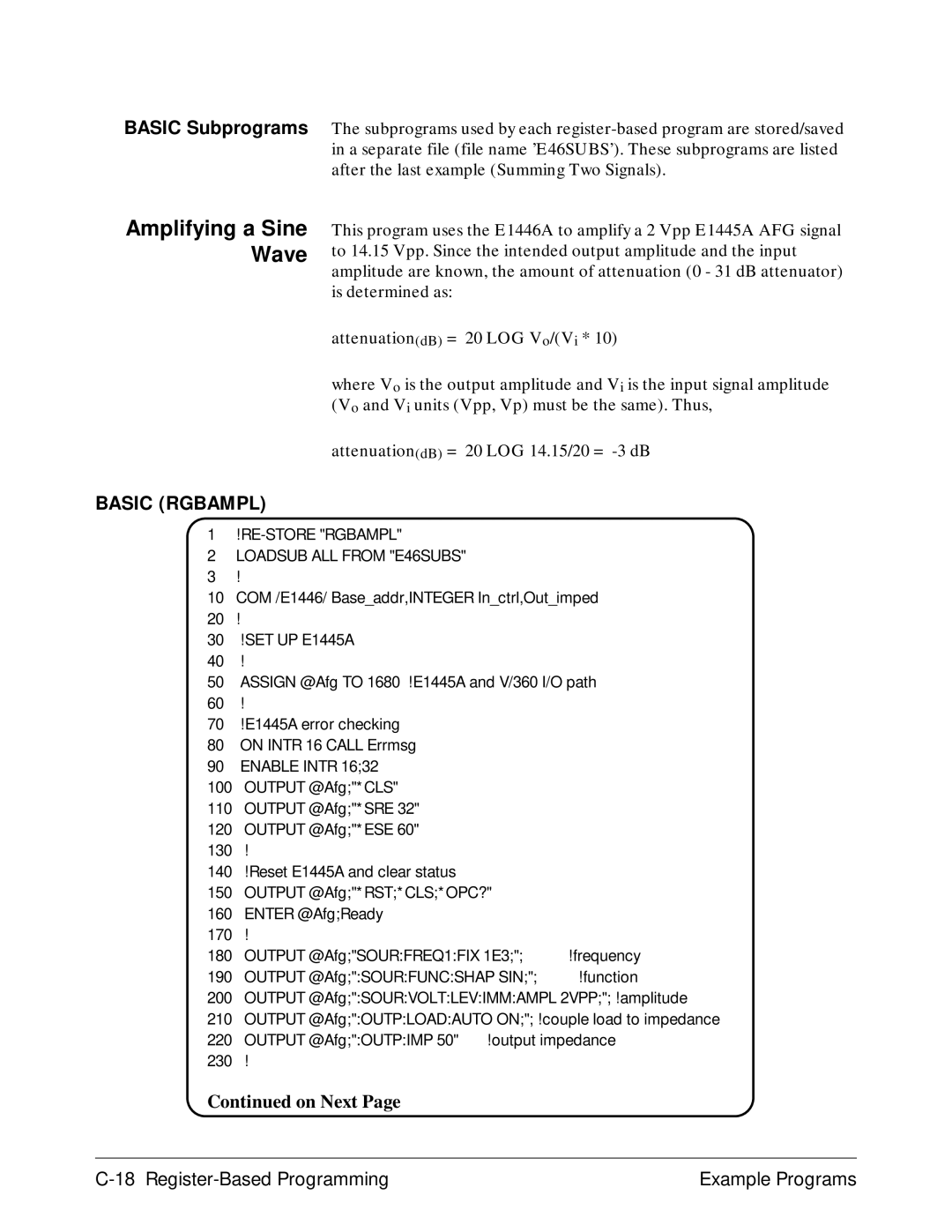 Agilent Technologies E1446A user manual Amplifying a Sine Wave, Basic Rgbampl, Register-Based Programming Example Programs 