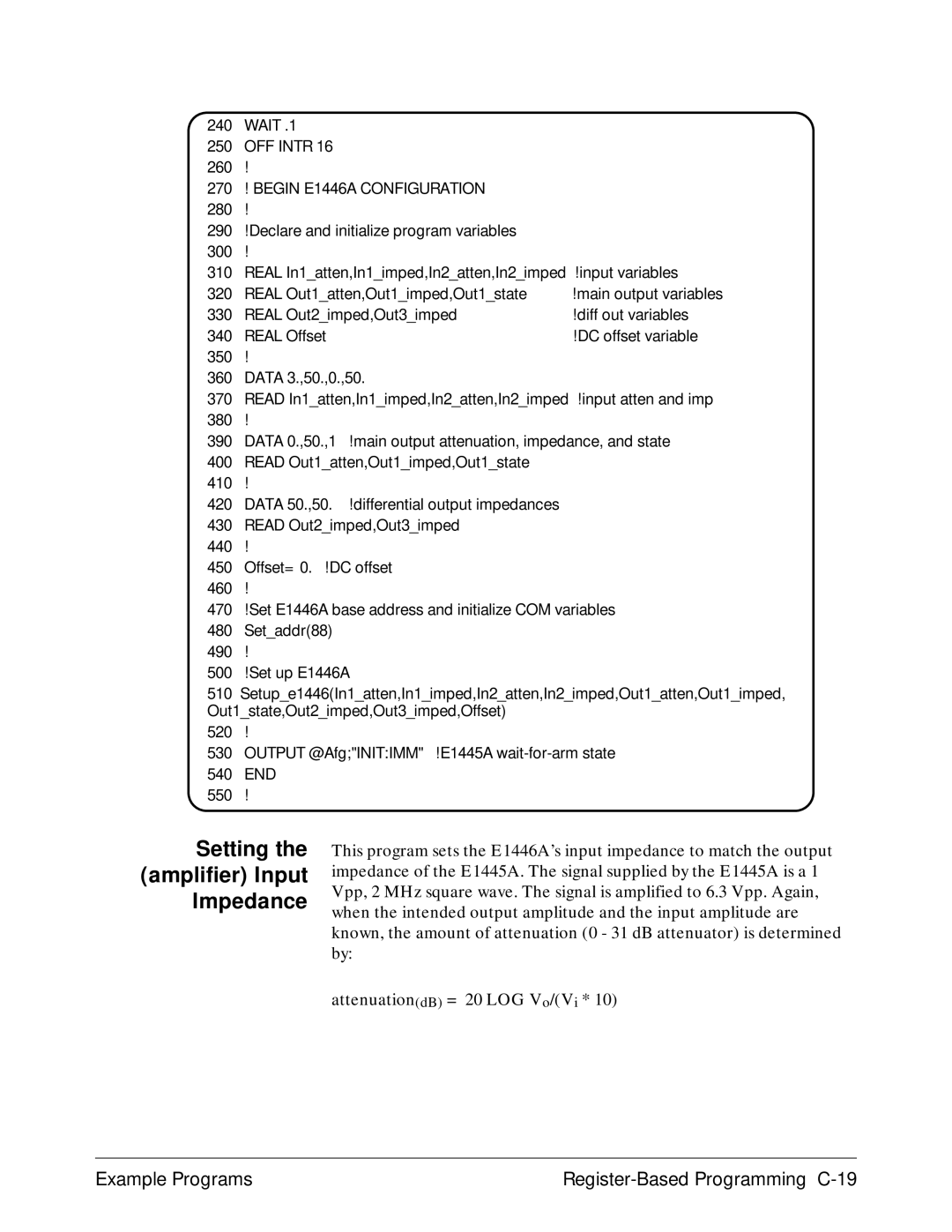 Agilent Technologies E1446A user manual Setting Amplifier Input Impedance, Example Programs Register-Based Programming C-19 