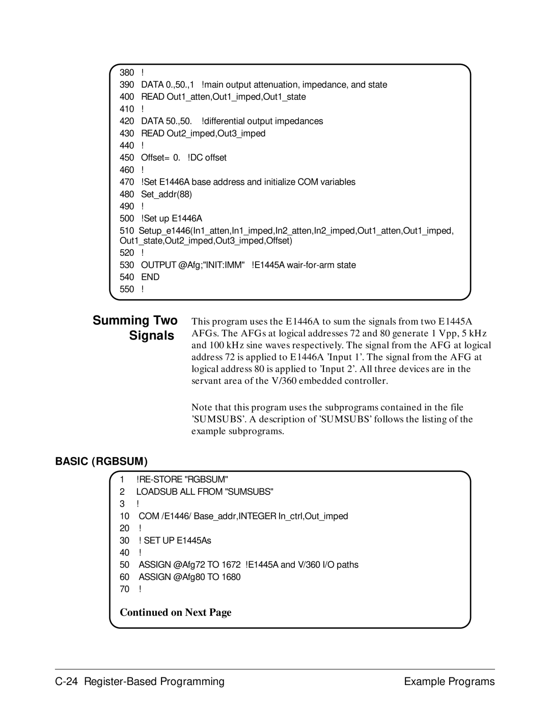 Agilent Technologies E1446A user manual Summing Two Signals, Basic Rgbsum, RE-STORE Rgbsum Loadsub ALL from Sumsubs 