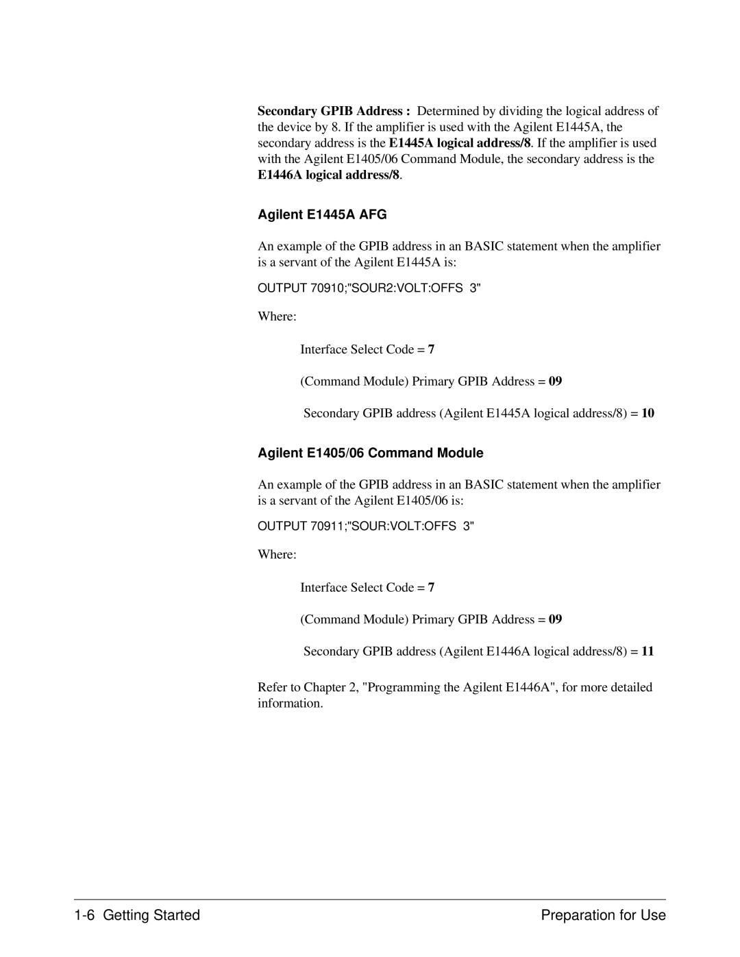 Agilent Technologies E1446A user manual Agilent E1445A AFG, Agilent E1405/06 Command Module, Output 70910SOUR2VOLTOFFS 