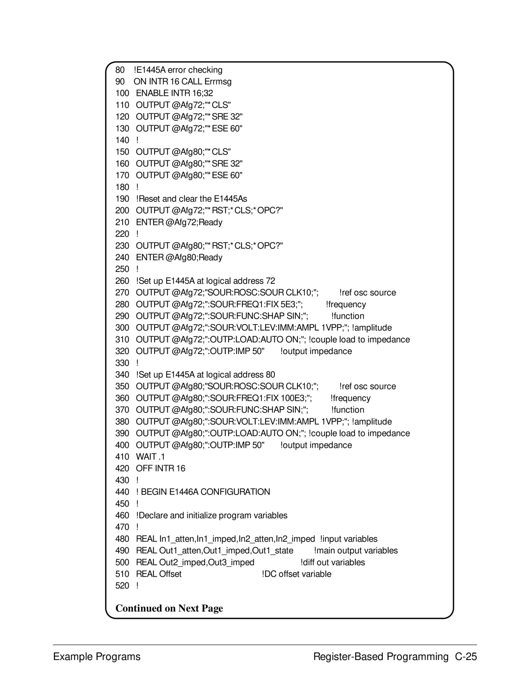 Agilent Technologies user manual Example Programs Register-Based Programming C-25, 440 ! Begin E1446A Configuration 