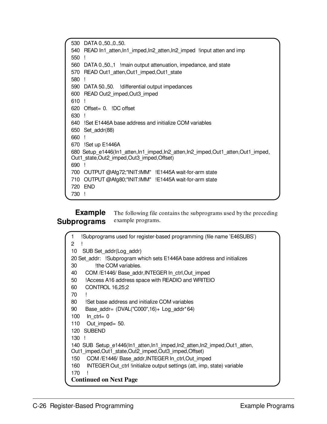 Agilent Technologies E1446A user manual Subprograms, Example programs 