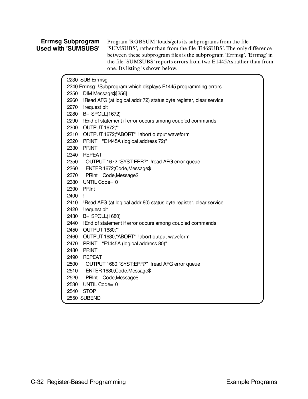 Agilent Technologies E1446A user manual Errmsg Subprogram Used with ’SUMSUBS’, Stop 