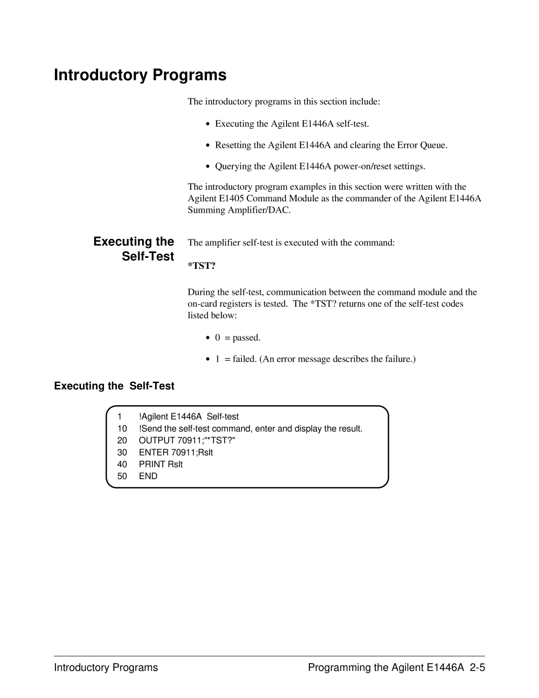 Agilent Technologies E1446A user manual Introductory Programs, Executing the Self-Test 