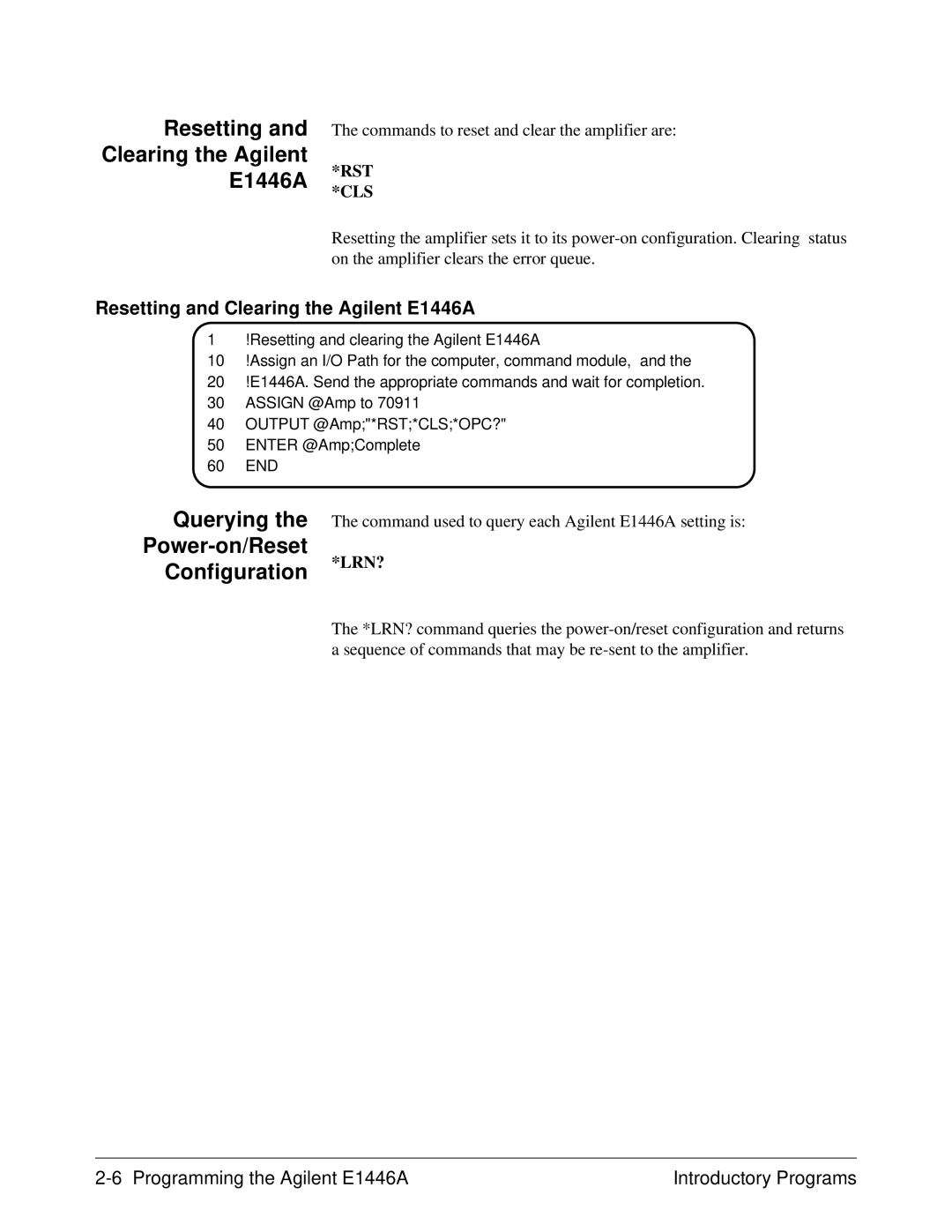 Agilent Technologies user manual Resetting Clearing the Agilent E1446A, Querying Power-on/Reset Configuration 