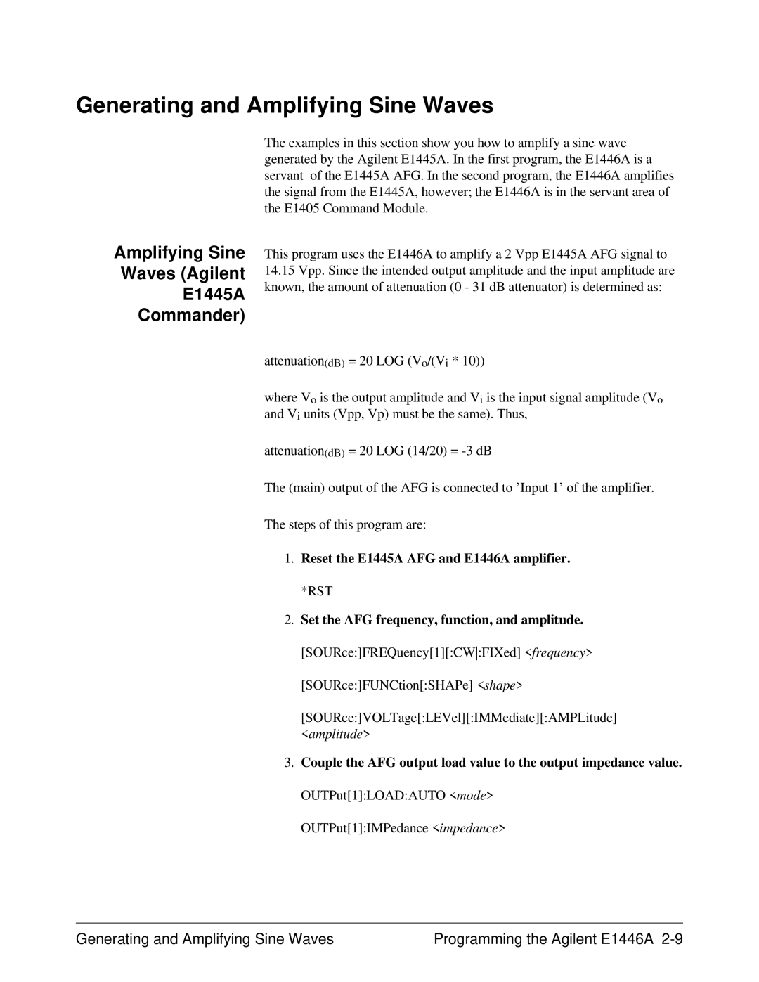 Agilent Technologies E1446A Generating and Amplifying Sine Waves, Amplifying Sine Waves Agilent E1445A Commander 