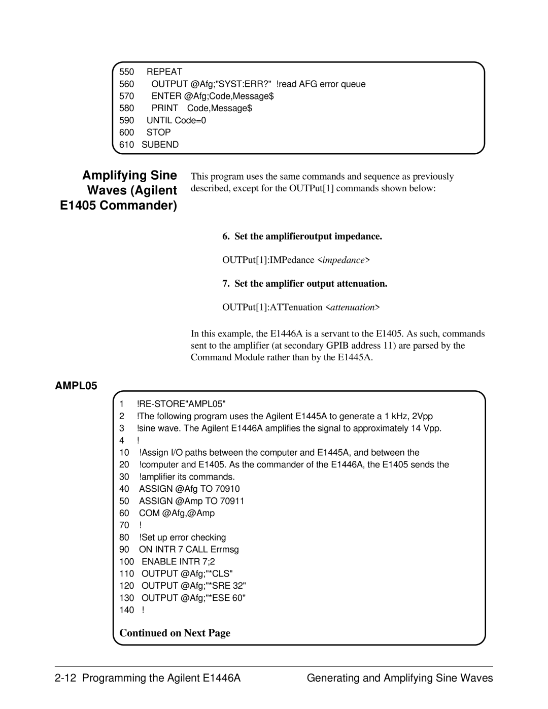 Agilent Technologies E1446A user manual Amplifying Sine Waves Agilent E1405 Commander, RE-STOREAMPL05 