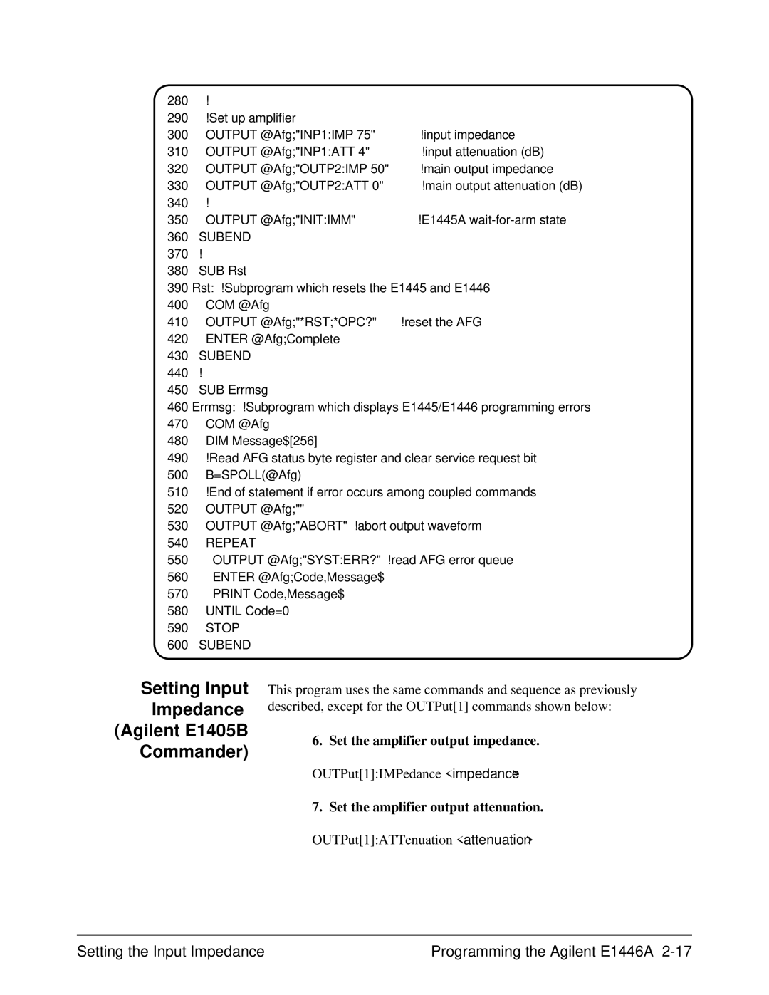 Agilent Technologies E1446A user manual Setting Input Impedance Agilent E1405B Commander, Subend 