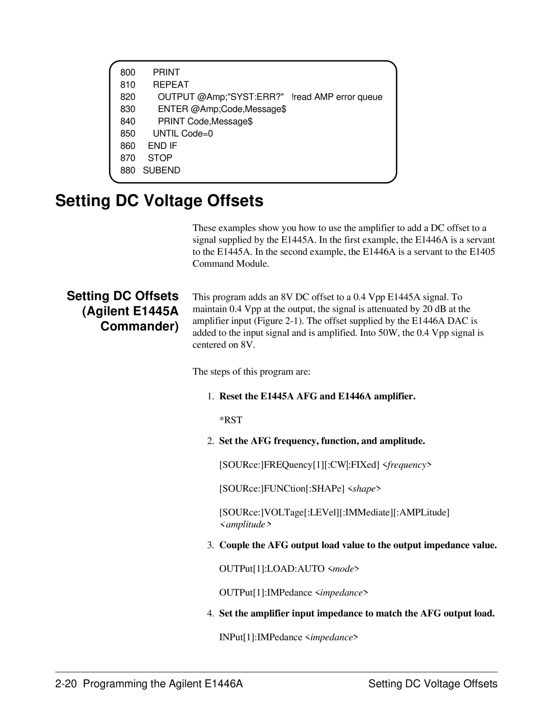 Agilent Technologies E1446A user manual Setting DC Voltage Offsets, Setting DC Offsets Agilent E1445A Commander 