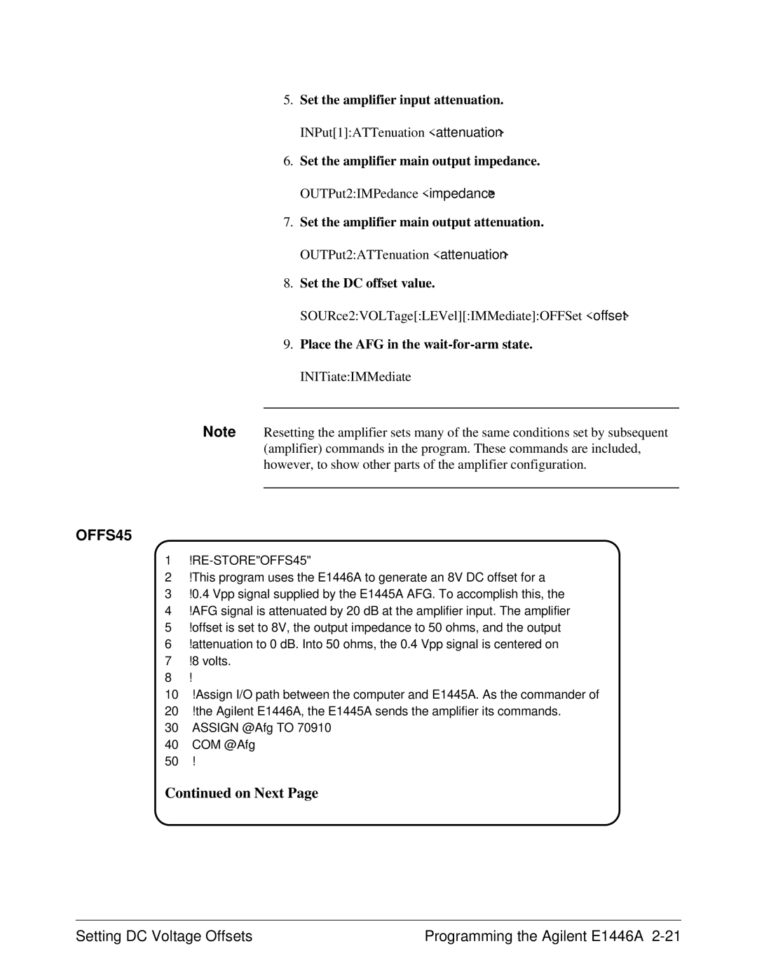 Agilent Technologies user manual Setting DC Voltage Offsets Programming the Agilent E1446A, RE-STOREOFFS45 