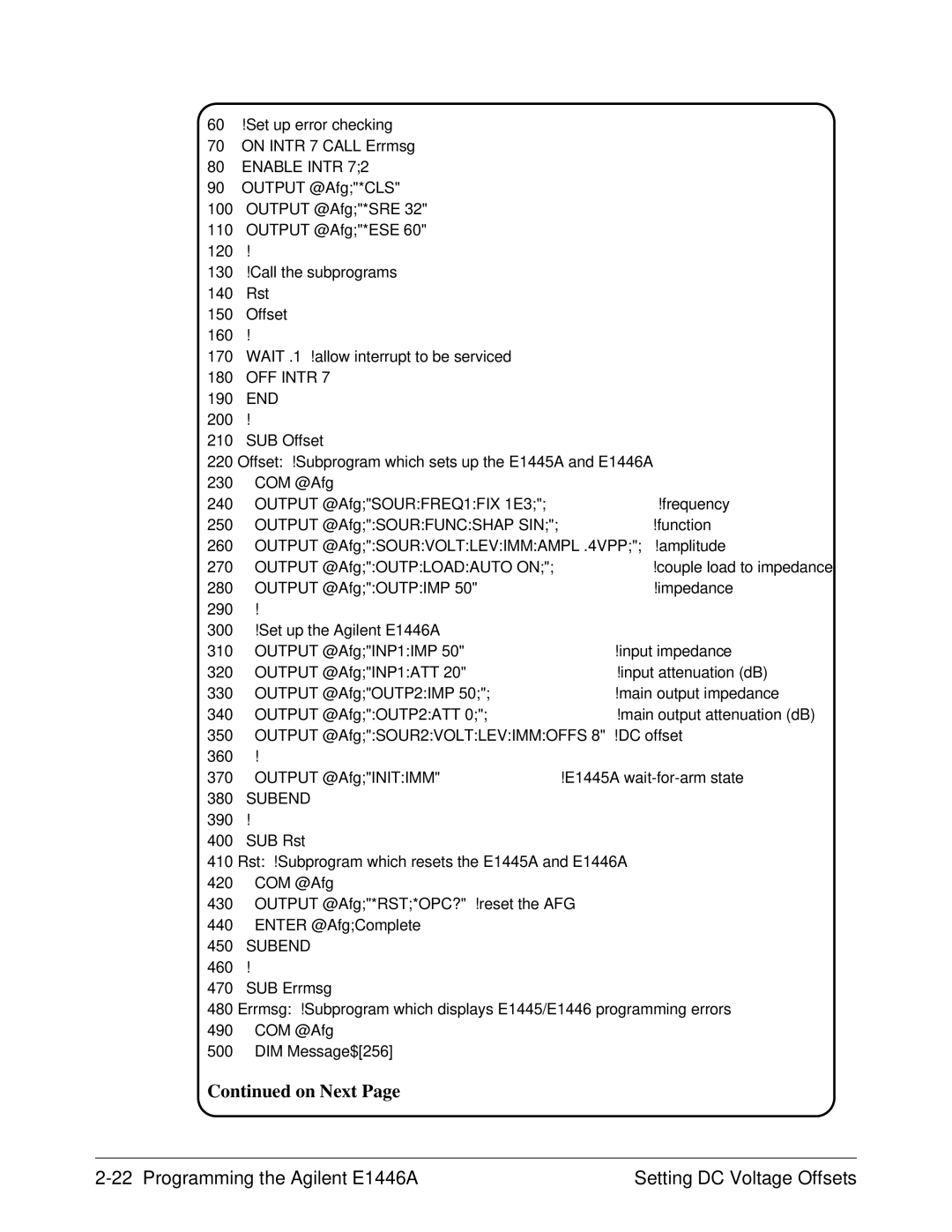 Agilent Technologies E1446A user manual 60 !Set up error checking On Intr 7 Call Errmsg 