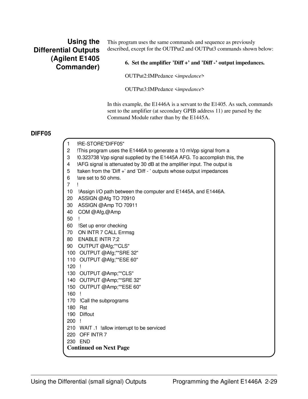 Agilent Technologies E1446A user manual Using Differential Outputs Agilent E1405 Commander, RE-STOREDIFF05 