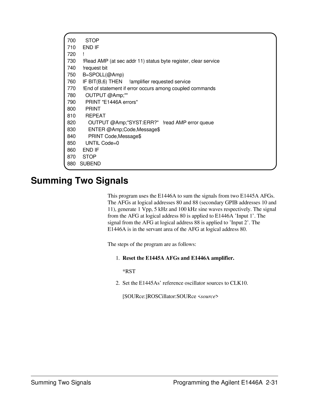 Agilent Technologies user manual Summing Two Signals Programming the Agilent E1446A 