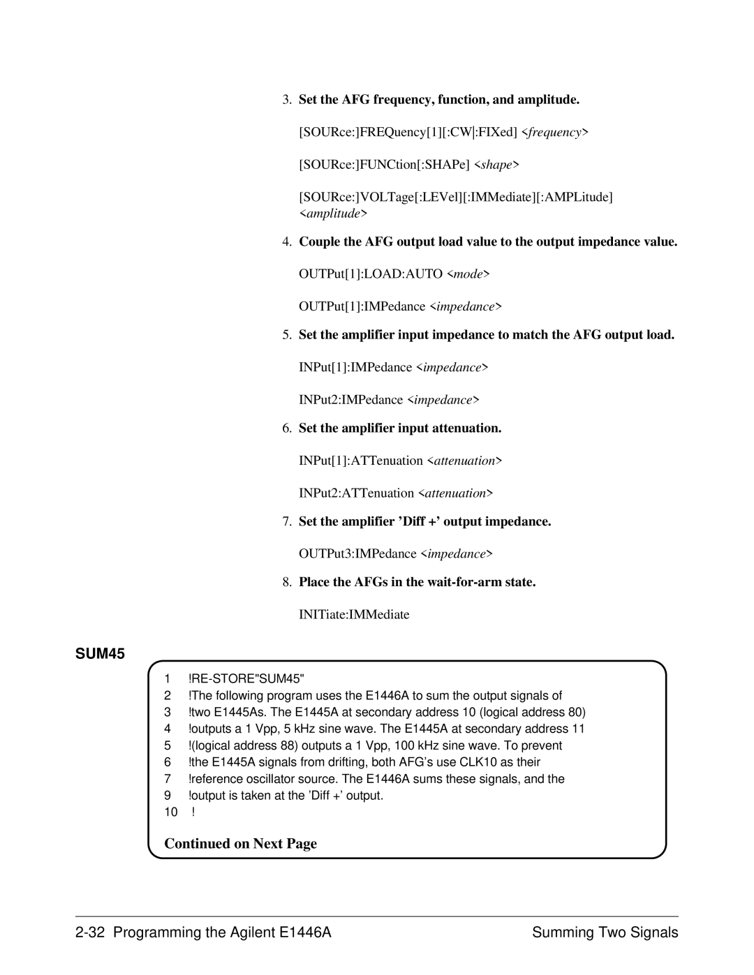 Agilent Technologies user manual Programming the Agilent E1446A Summing Two Signals, RE-STORESUM45 