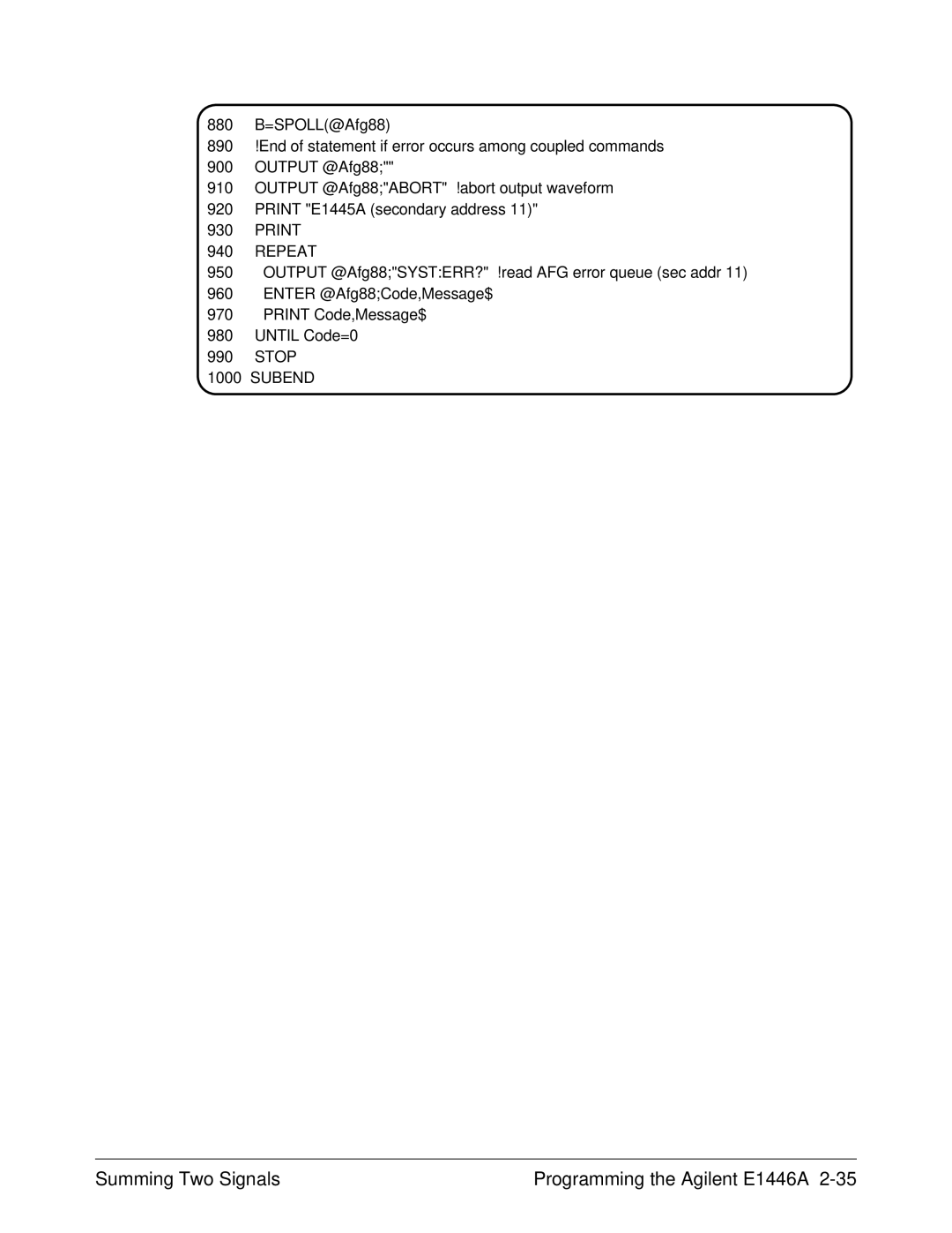 Agilent Technologies user manual Summing Two Signals Programming the Agilent E1446A 