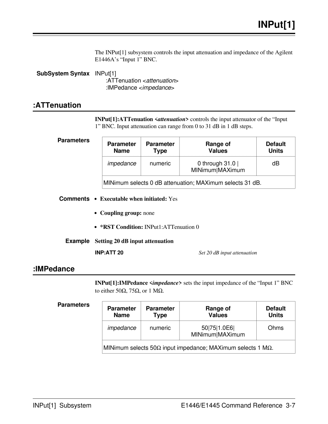 Agilent Technologies E1446A user manual ATTenuation, INPut1 Subsystem E1446/E1445 Command Reference 