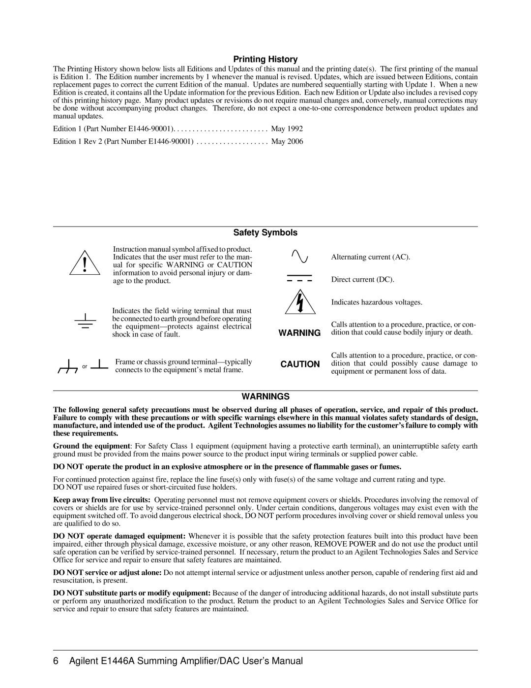 Agilent Technologies E1446A user manual Printing History 