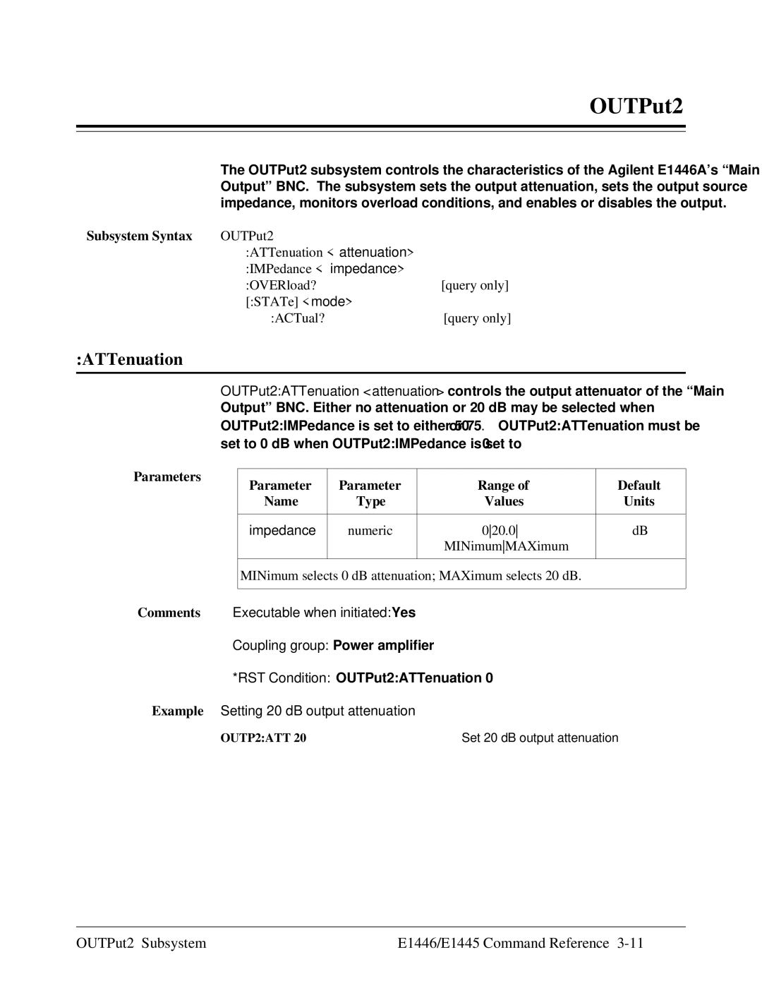 Agilent Technologies E1446A user manual OUTPut2 Subsystem E1446/E1445 Command Reference, Subsystem Syntax OUTPut2 