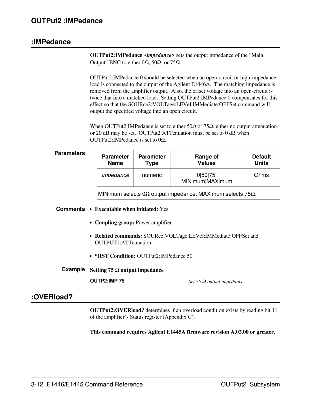 Agilent Technologies E1446A user manual OUTPut2 IMPedance, OVERload?, 12 E1446/E1445 Command Reference OUTPut2 Subsystem 