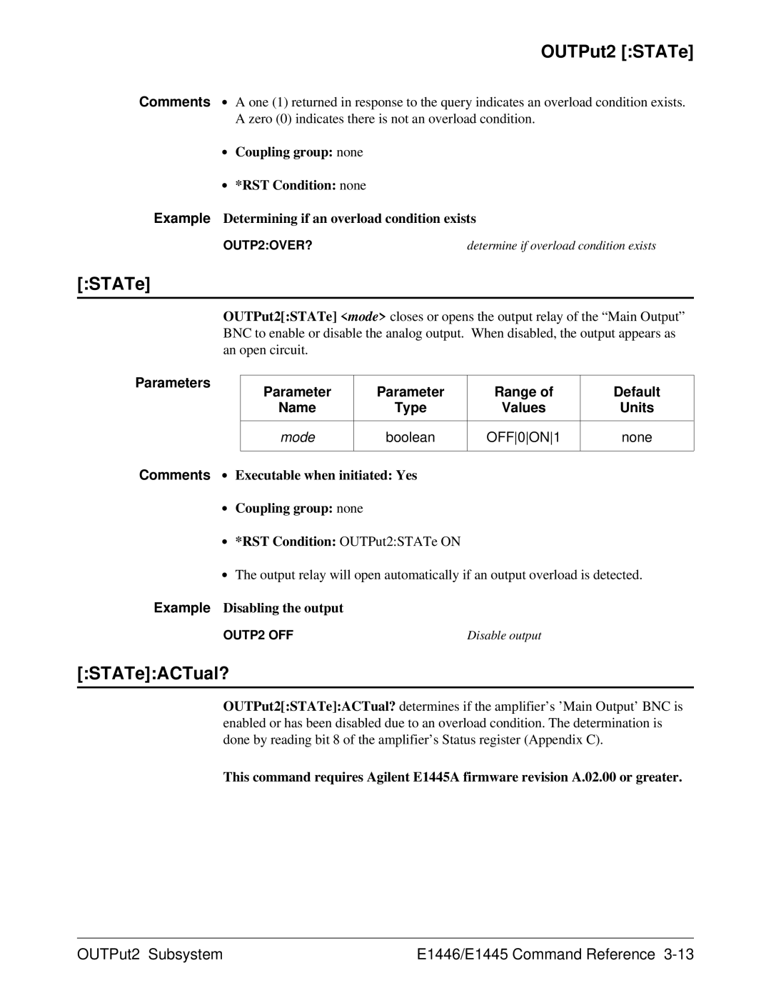 Agilent Technologies E1446A user manual OUTPut2 STATe, STATeACTual? 