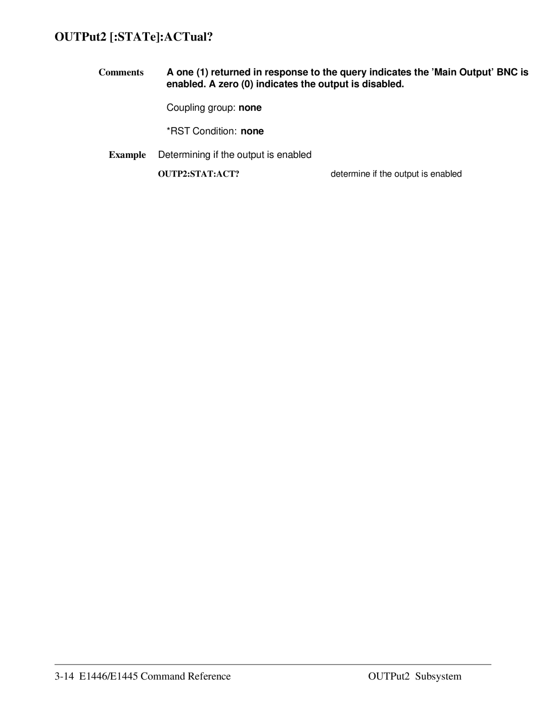 Agilent Technologies E1446A user manual OUTPut2 STATeACTual?, 14 E1446/E1445 Command Reference OUTPut2 Subsystem 