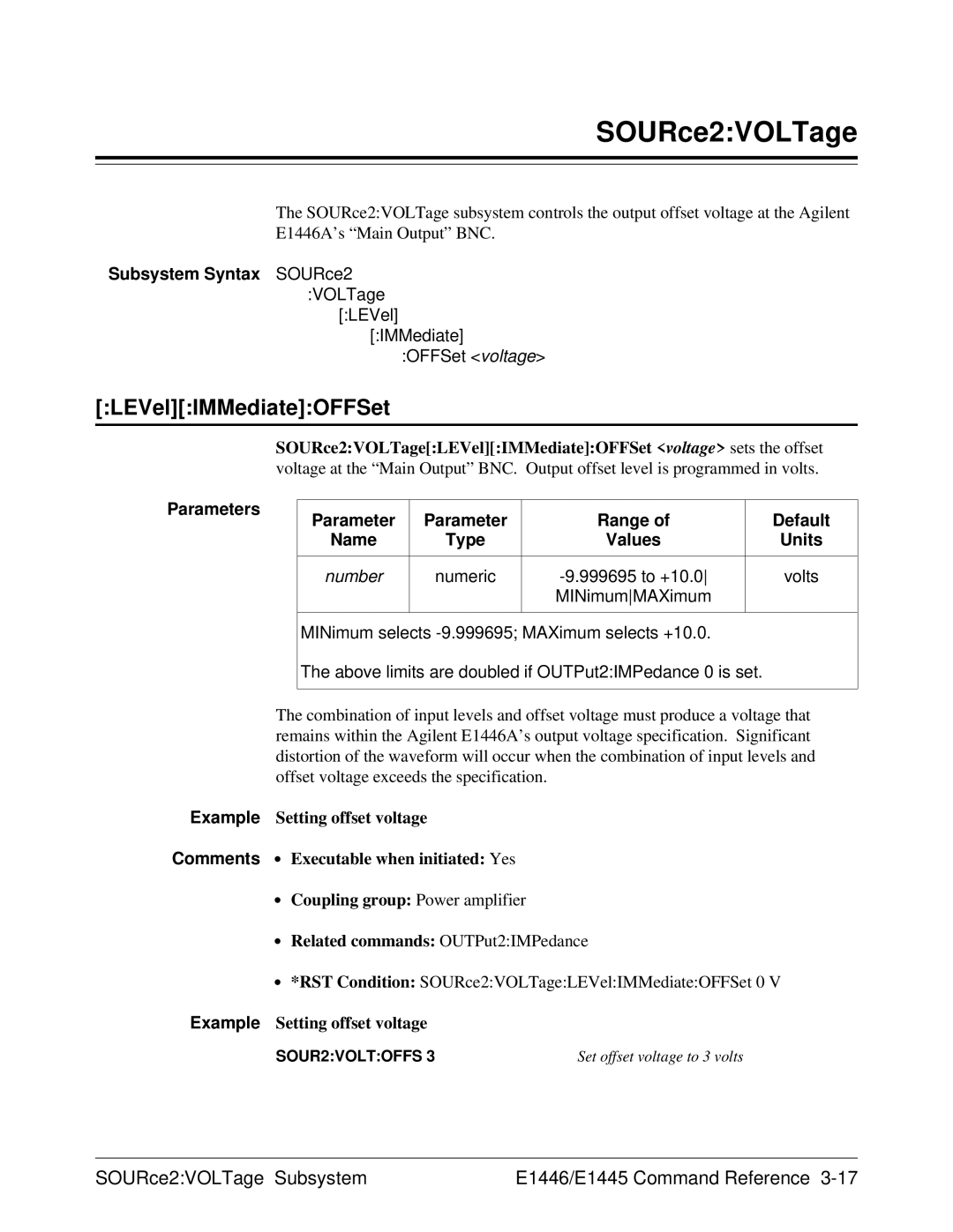 Agilent Technologies E1446A user manual LEVelIMMediateOFFSet, SOURce2VOLTage Subsystem E1446/E1445 Command Reference 