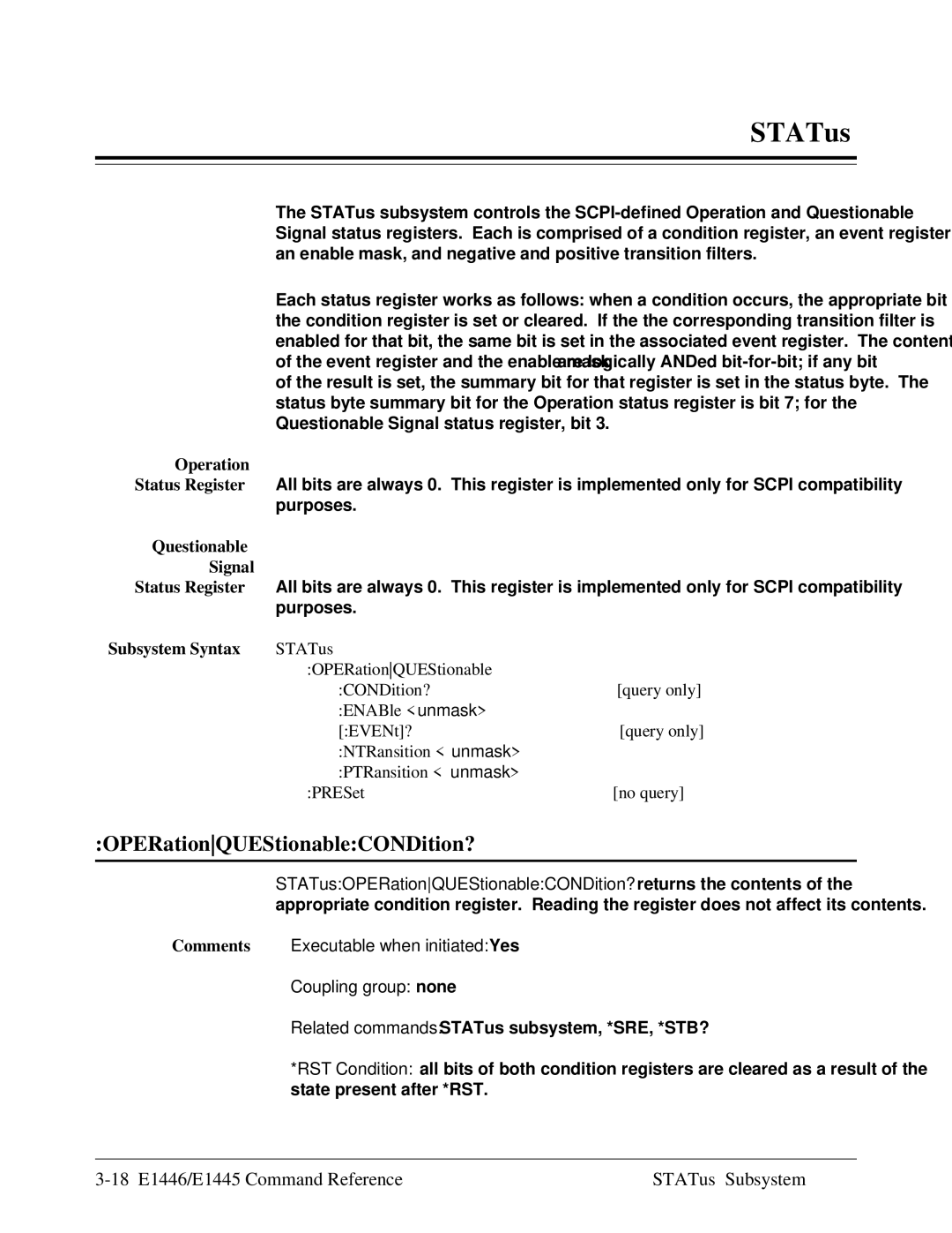 Agilent Technologies E1446A OPERationQUEStionableCONDition?, 18 E1446/E1445 Command Reference STATus Subsystem 