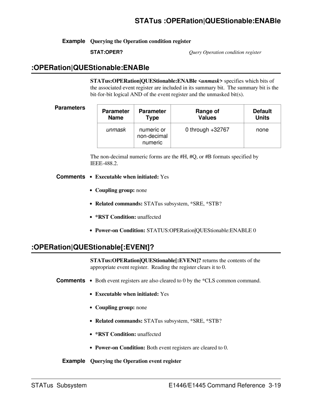 Agilent Technologies E1446A user manual STATus OPERationQUEStionableENABle, OPERationQUEStionableEVENt? 