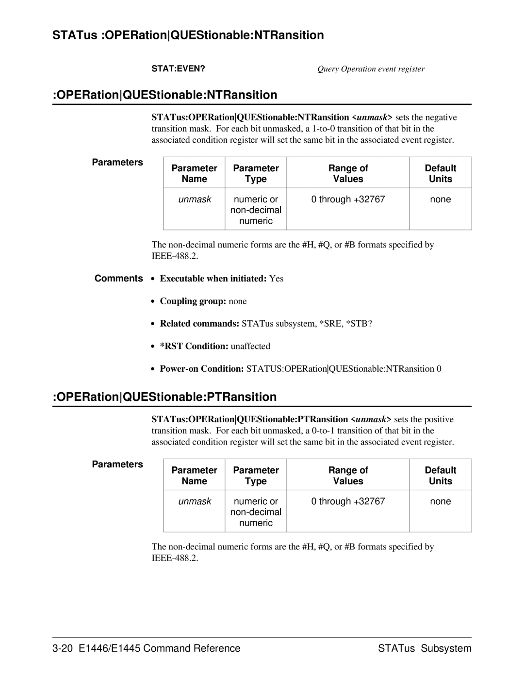 Agilent Technologies E1446A user manual STATus OPERationQUEStionableNTRansition, OPERationQUEStionablePTRansition 