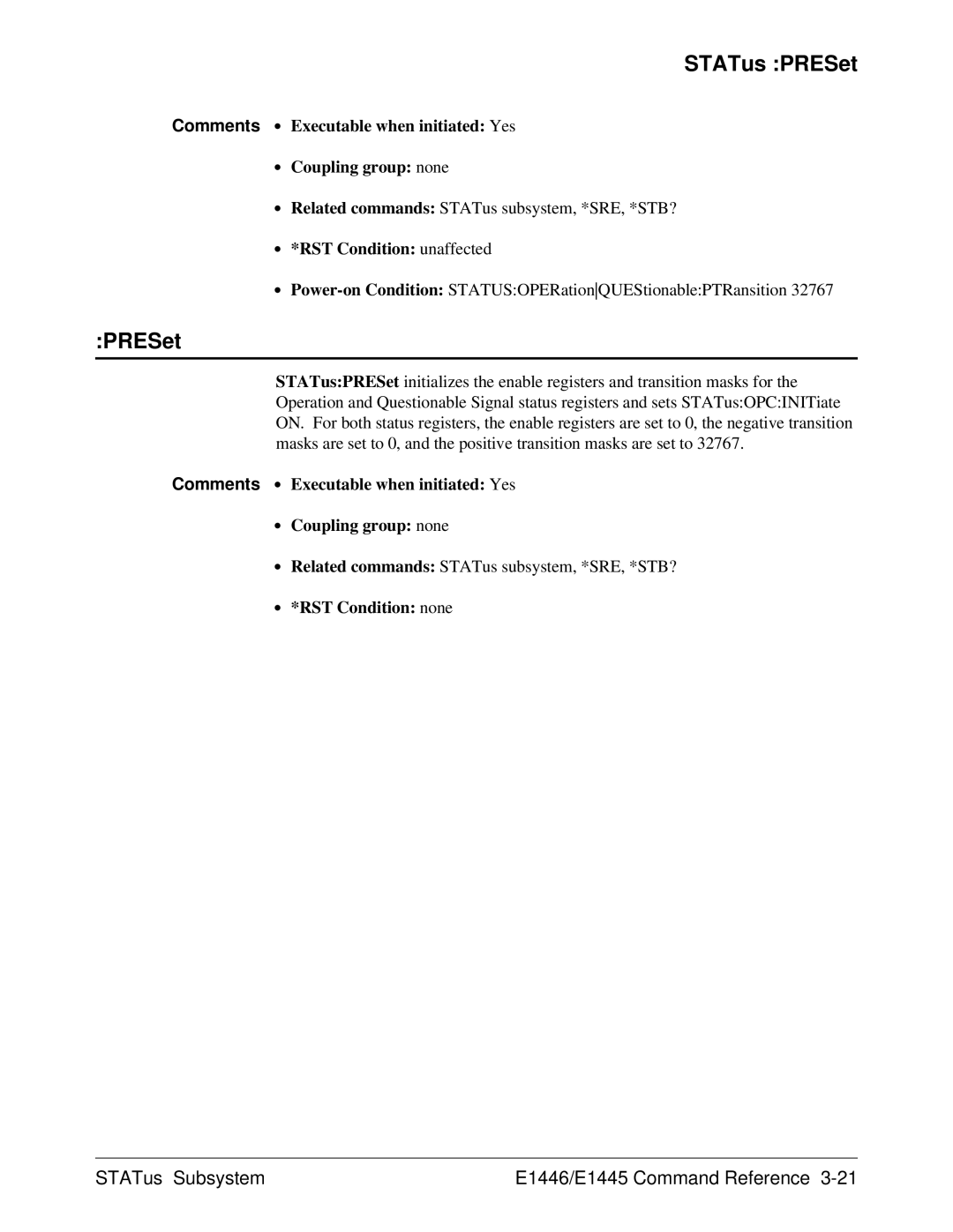 Agilent Technologies E1446A user manual STATus PRESet 