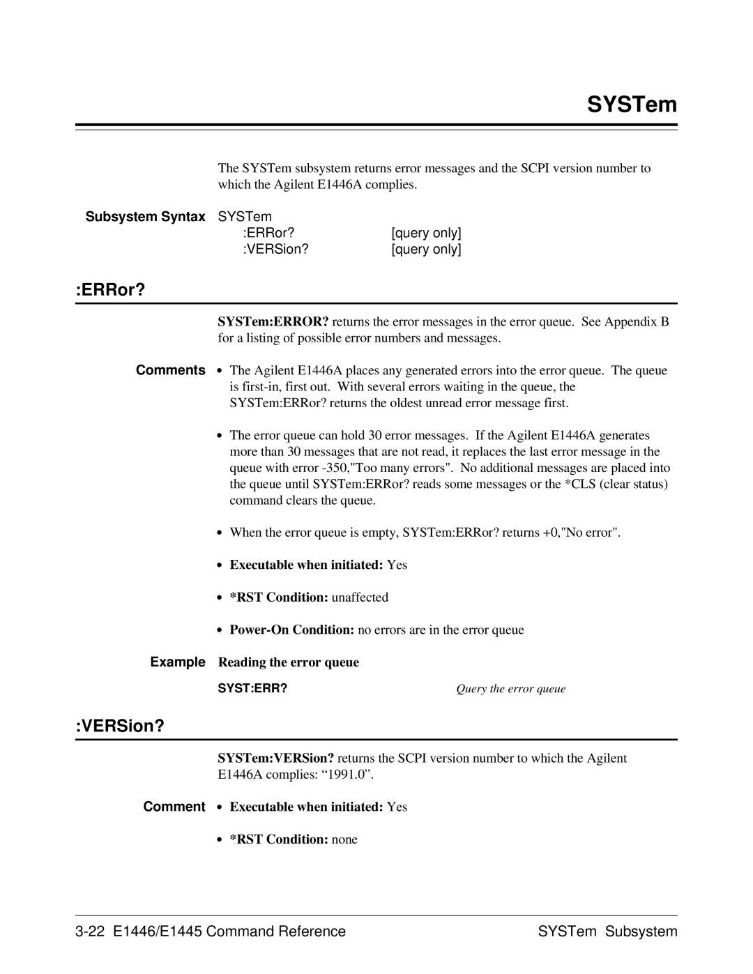 Agilent Technologies E1446A user manual ERRor?, VERSion?, 22 E1446/E1445 Command Reference SYSTem Subsystem 