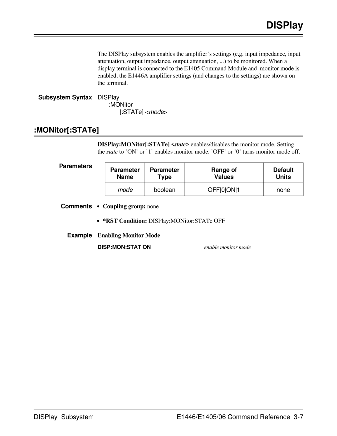 Agilent Technologies E1446A MONitorSTATe, DISPlay Subsystem E1446/E1405/06 Command Reference, Subsystem Syntax DISPlay 