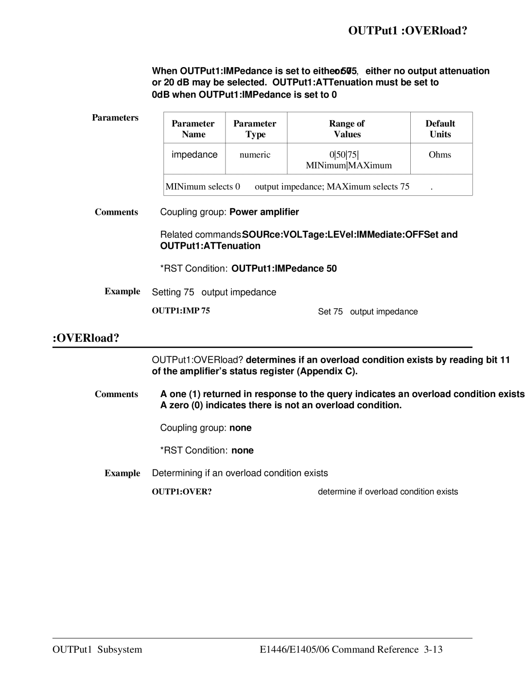 Agilent Technologies E1446A OUTPut1 OVERload?, OUTPut1 Subsystem E1446/E1405/06 Command Reference, Numeric 05075 
