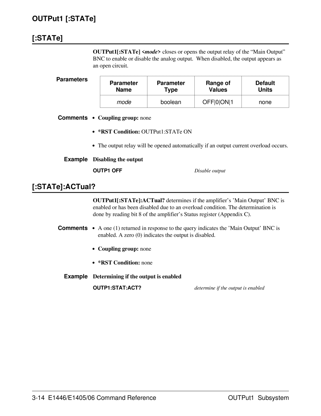 Agilent Technologies E1446A user manual OUTPut1 STATe, 14 E1446/E1405/06 Command Reference OUTPut1 Subsystem 