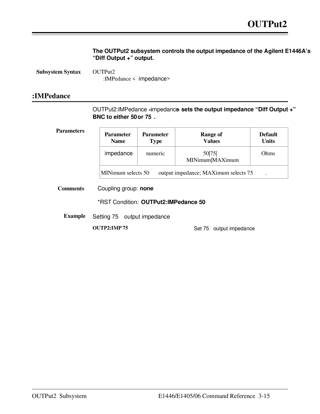 Agilent Technologies E1446A user manual OUTPut2 Subsystem E1446/E1405/06 Command Reference 