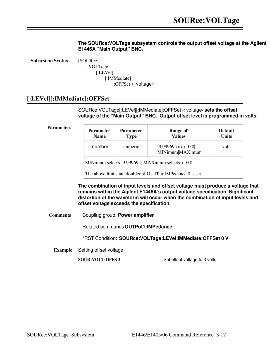 Agilent Technologies E1446A user manual SOURceVOLTage Subsystem E1446/E1405/06 Command Reference 